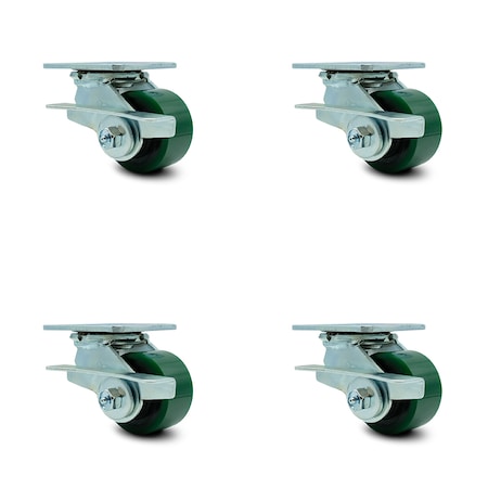 Service Caster 3.25 Inch Green Poly on Steel Swivel Caster Set with Roller Bearing and Brakes SCC-30CS3420-PUR-GB-SLB-4